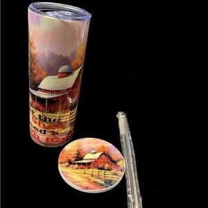 Scenic Red Barn Tumbler with Matching Coaster and Straw - Autumn Farm Print